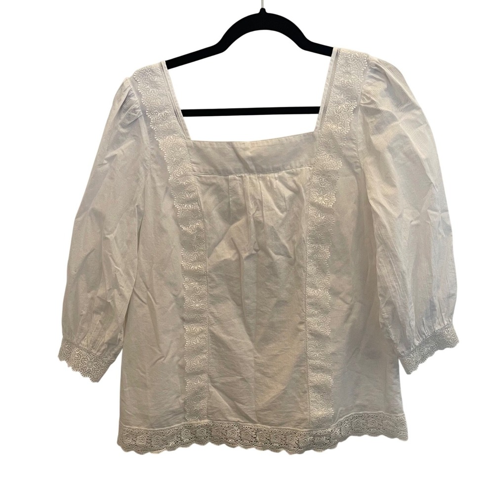 Talbots White Cotton Lace Trim Square Neck Blouse Womens Medium Petite Romantic